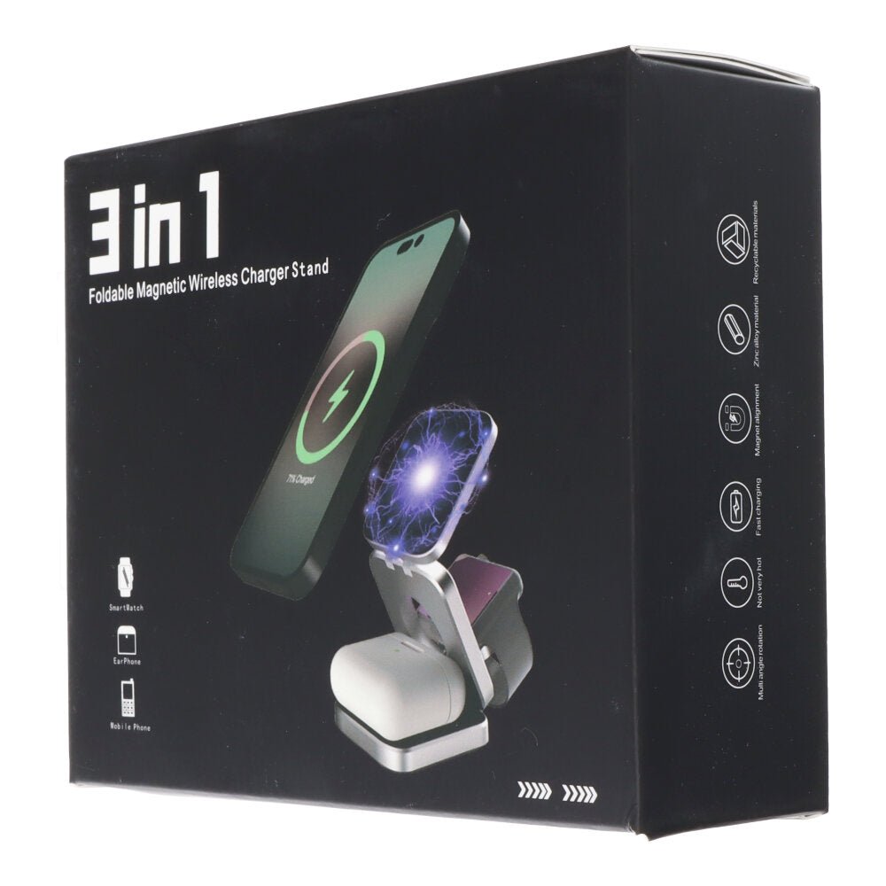 3 in 1 opvouwbare magnetische draadloze oplader standaard voor iPhone/Apple Watch/AirPods zilver CE - gecertificeerd