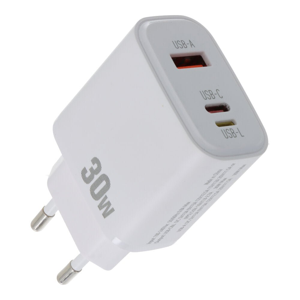 30W USB - C + QC3.0 + Lightning silicon carbide SiC PD snellader voor Android/iOS EU - plug wit