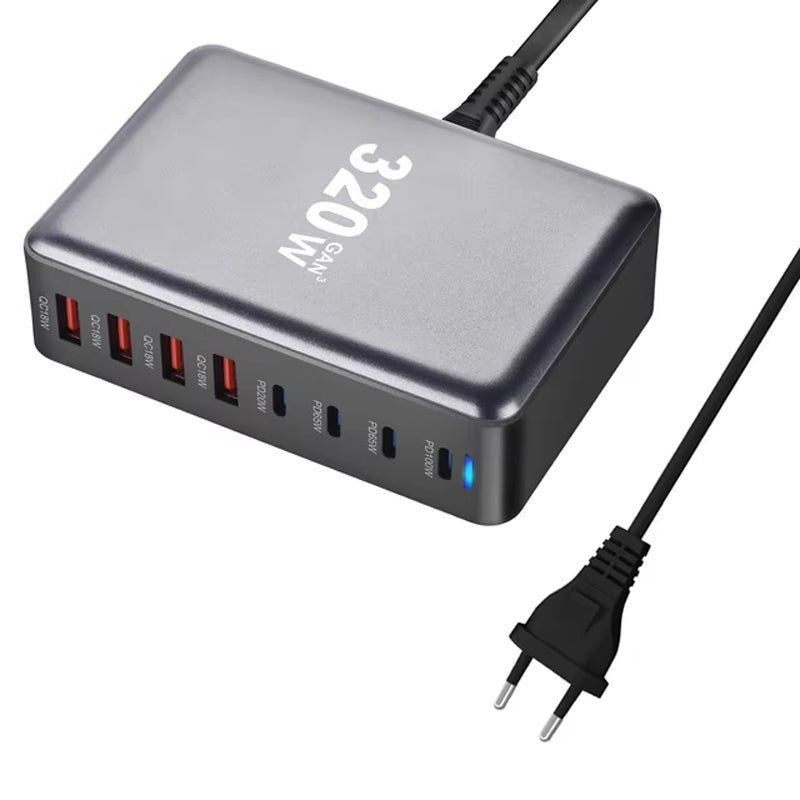 320W USB*4+USB - C*4 8 in 1 GaN Desktop Snellader Europese stekker Grijs