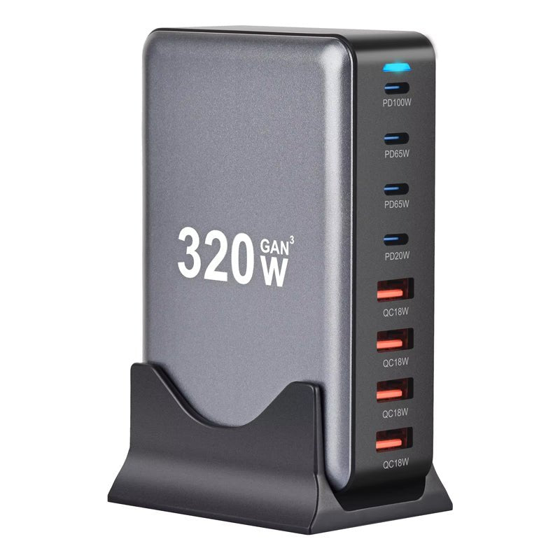 320W USB*4+USB - C*4 8 in 1 GaN Desktop Snellader Europese stekker Grijs