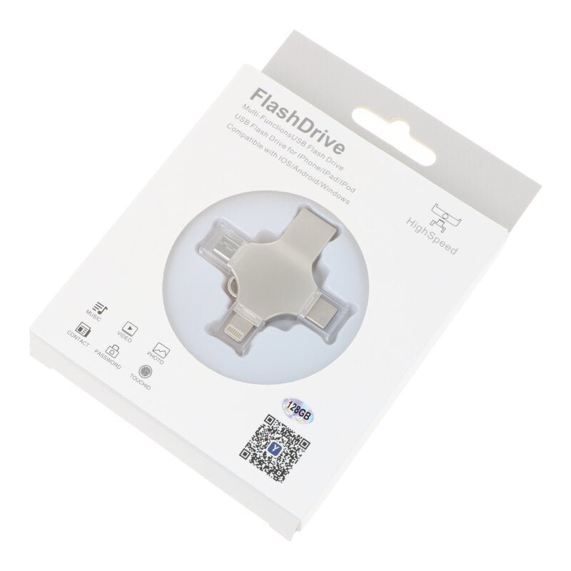 128G 4 in 1 USB 3.0 Flashdisk voor Lightning/Micro/USB - C Zilver