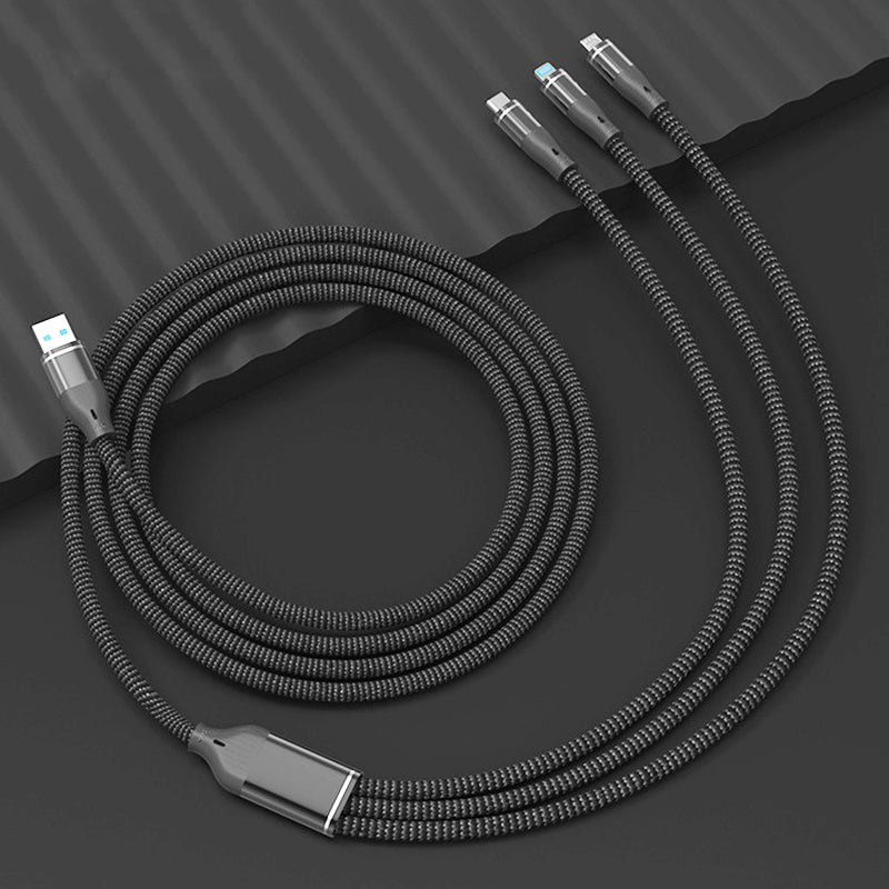 1.2M 200W 3 in 1 Micro+Lightning+USB - C snelle opladerkabel Zwart