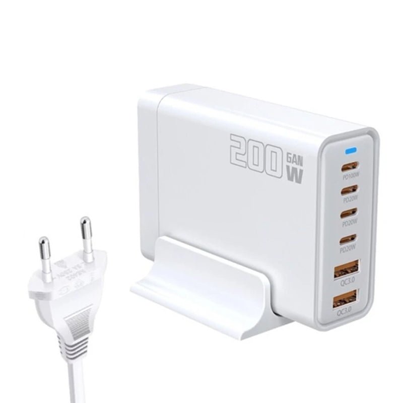 200W USB*2+USB - C*4 6 in 1 GaN Desktop Snelle Oplader EU Plug Wit