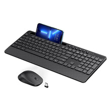 2.4G ergonomisch draadloos toetsenbord met ingebouwde telefoonhouder en 10 onafhankelijke snelkoppelingen + draadloze muis set zonder batterij voor Windows XP/VISTA/7/8/10/Mac zwart