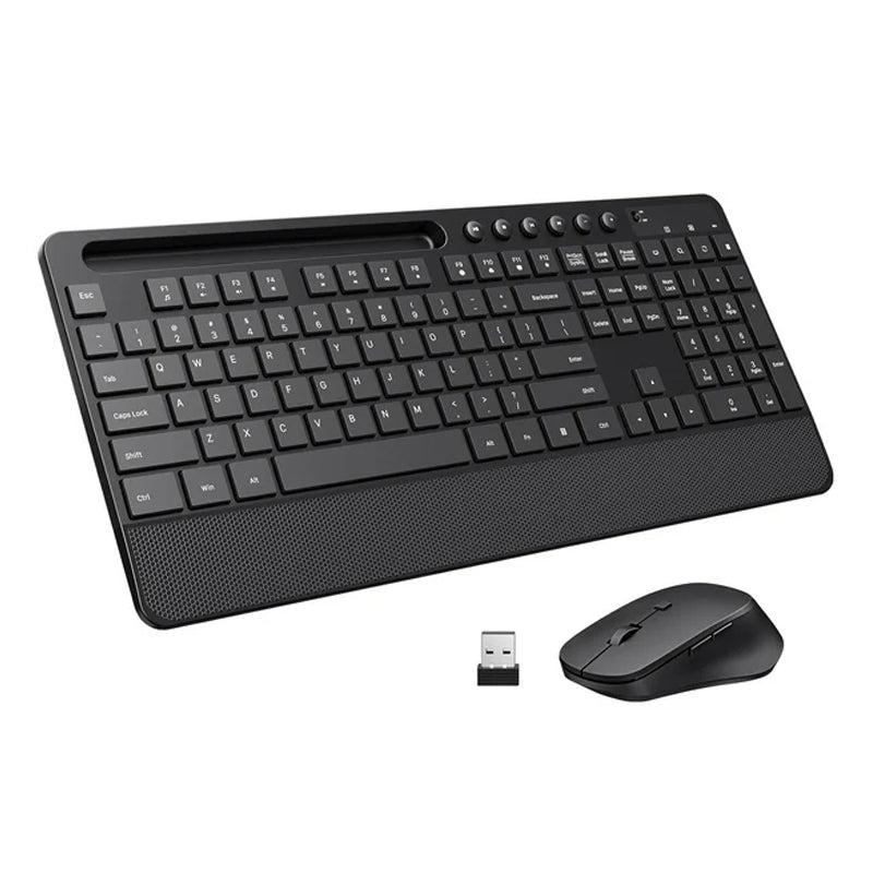 2.4G ergonomisch draadloos toetsenbord met ingebouwde telefoonhouder en 10 onafhankelijke snelkoppelingen + draadloze muis set zonder batterij voor Windows XP/VISTA/7/8/10/Mac zwart