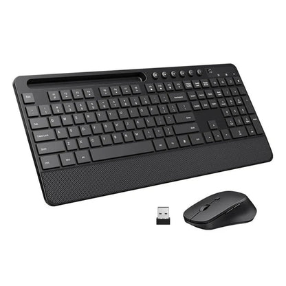 2.4G ergonomisch draadloos toetsenbord met ingebouwde telefoonhouder en 10 onafhankelijke snelkoppelingen + draadloze muis set zonder batterij voor Windows XP/VISTA/7/8/10/Mac zwart