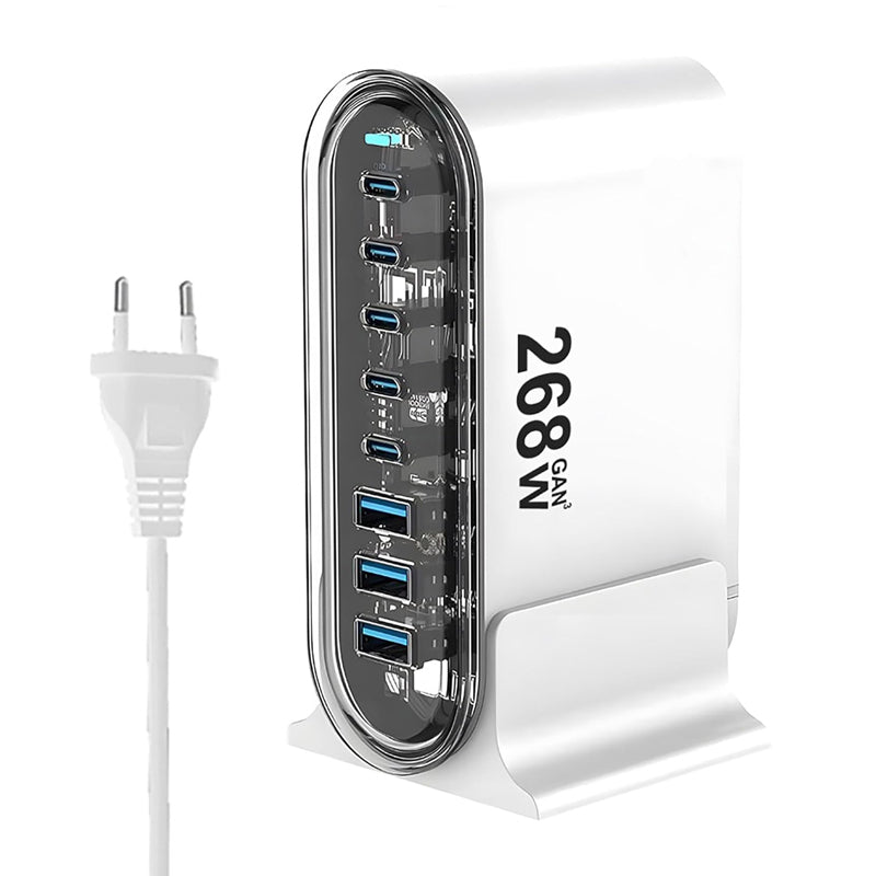 268W USB - C*5+USB*3 8 in 1 Transparante Behuizing GaN Desktop Snellader EU Stekker Wit