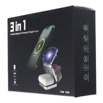 3 in 1 opvouwbare magnetische draadloze oplader standaard voor iPhone/Apple Watch/AirPods zilver CE - gecertificeerd
