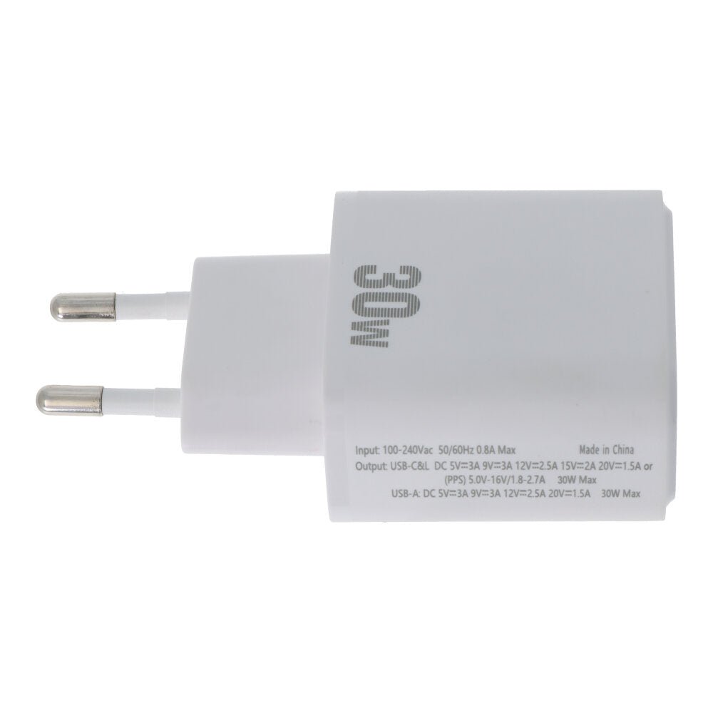 30W USB - C + QC3.0 + Lightning silicon carbide SiC PD snellader voor Android/iOS EU - plug wit