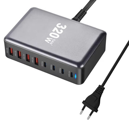 320W USB*4+USB - C*4 8 in 1 GaN Desktop Snellader Europese stekker Grijs