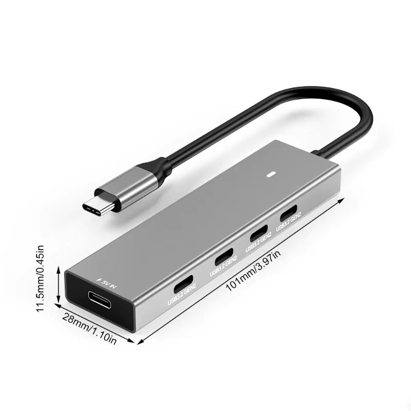 5 poorten USB - C naar 10Gbps 3.2 Gen2 USB - C*4 + DC 5V/3A/15W aluminium hub adapter