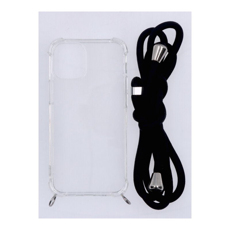 Anti - shock tpu hoesje met zwarte lanyard voor iPhone 12 Mini transparant