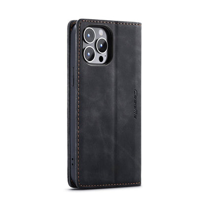 CaseMe - 013 TPU business stijl vintage matte horizontale flap leren case voor iPhone 14 Pro zwart