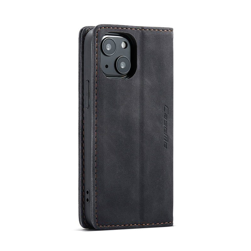 CaseMe - 013 TPU business stijl vintage matte horizontale flap leren hoes voor iPhone 13 black