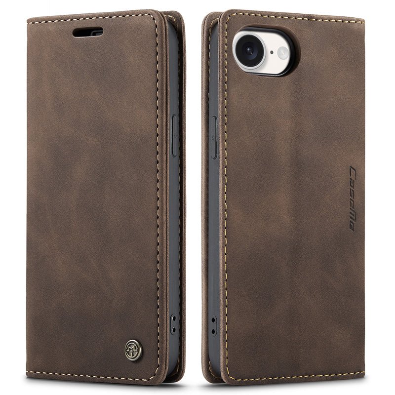 CaseMe - 013 TPU Business Style Vintage Matte Horizontale Flap Leren Hoes voor iPhone 16e Koffie
