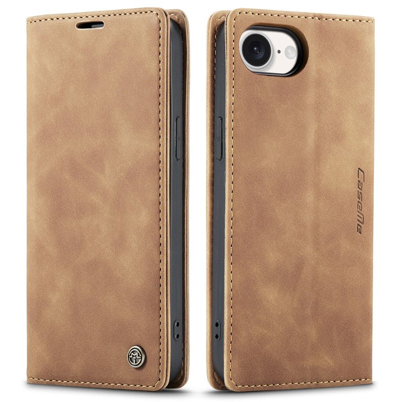 CaseMe - 013 TPU Business Style Vintage Matte Horizontale Flap Leren Hoesje voor iPhone 16e Bruin