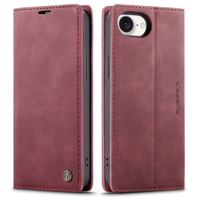 CaseMe - 013 TPU zakelijke stijl vintage matte horizontale flap lederen hoes voor iPhone 16e burgundy