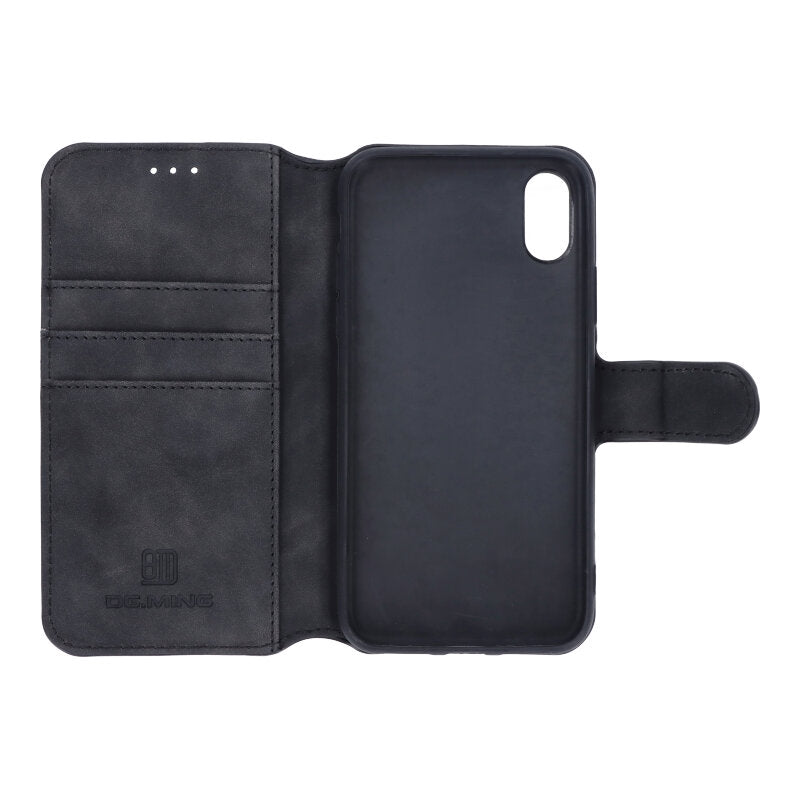 DG.MING Retro Oil Side horizontaal flip case voor iPhone X/XS zwart