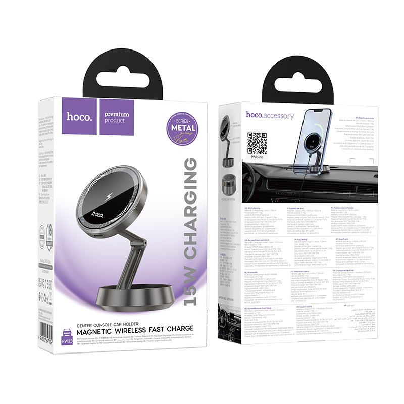 HOCO HW33 middenconsole metalen ring magnetische draadloze snellader autohouder metaalgrijs