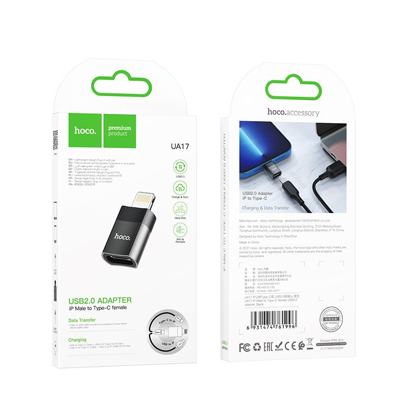 HOCO UA17 Lightning Male naar USB - C Female USB 2.0 Adapter Zwart