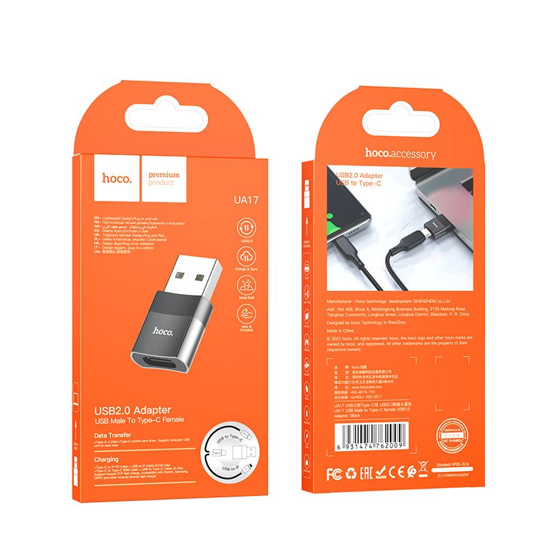 HOCO UA17 USB2.0 (Male) naar USB - C (Female) Adapter Zwart