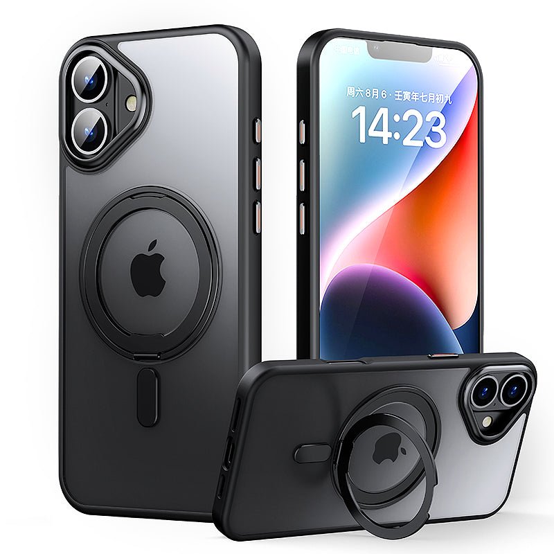 Magnetische robuuste slanke hoes met 360° draaiende standaard voor iPhone 16 Plus zwart