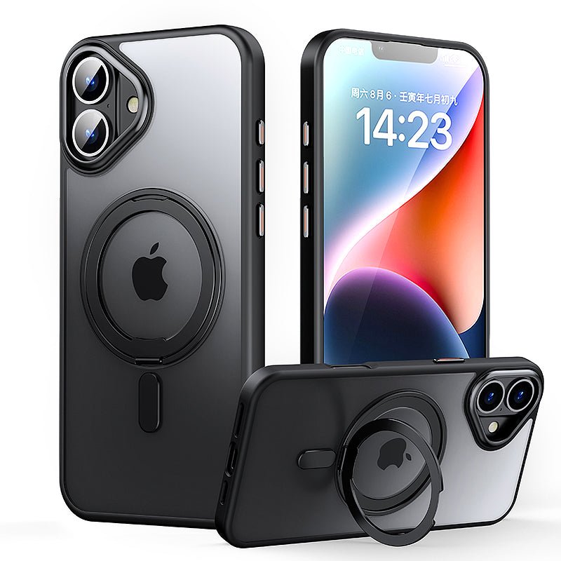 Magnetische stevige slanke hoes met 360° draaistandaard voor iPhone 16 zwart