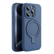 Pure color MagSafe liquid siliconen hoesje met standaard voor iPhone 16 Pro Max midnight blue zonder logo