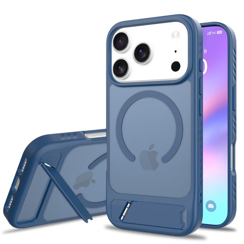 Skin Feel magnetische antival met verstelbare 45° stand TPU + PC hoes voor iPhone 17 Pro Max Blauw
