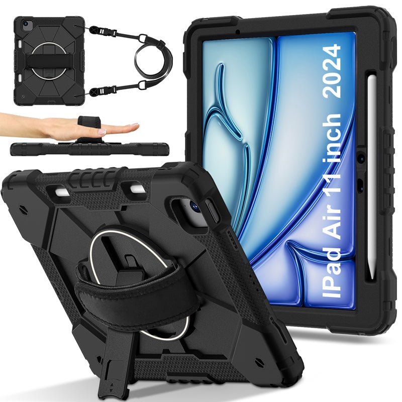 Tweekleurig robot TPU schokabsorberende hoes met schouderriem grip cover voor iPad Air 11 2024 zwart+zwart
